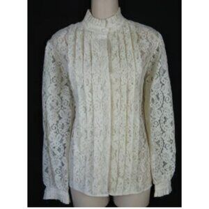 Vintage Ivory Lace Long Sleeve Blouse High Ruffled Neck Pleated Front